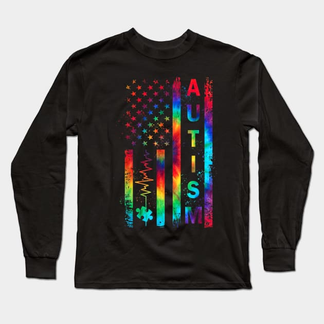 American Flag Autism Awareness Teacher Mom Support Tie Dye Shirt Long Sleeve T-Shirt by Kelley Clothing